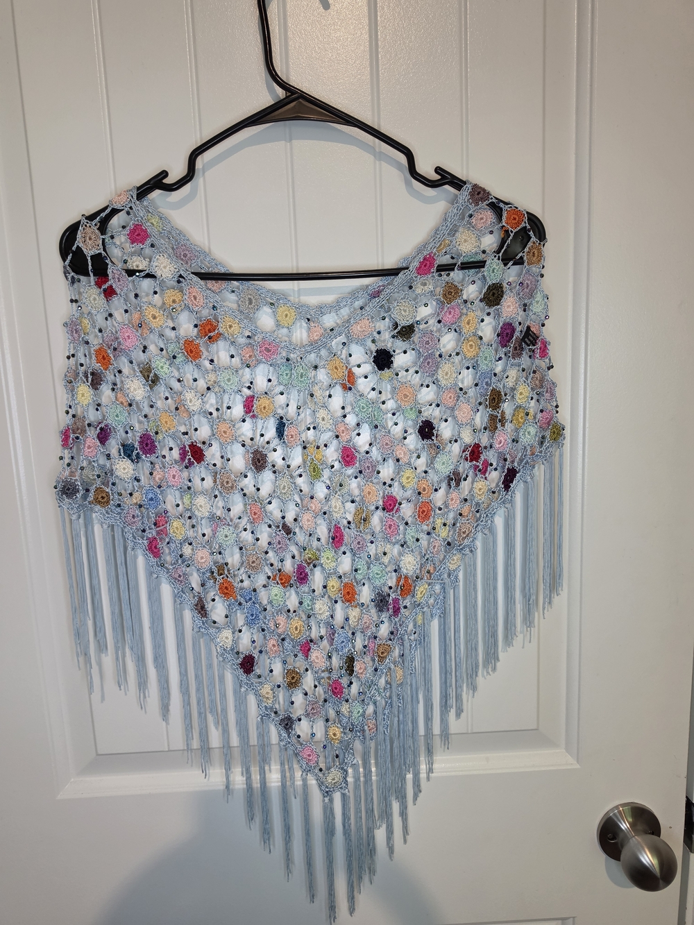 Vintage Y2K Pastel Floral Crochet Beaded Poncho Wrap Top Blue Fringe One Size